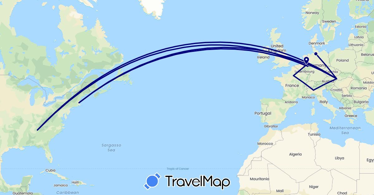 TravelMap itinerary: driving in Germany, France, Italy, Slovakia, United States (Europe, North America)